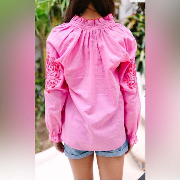 Fate All About You Hot Pink Linen Blend Embroidered Blouse Size Small - Picture 7 of 11